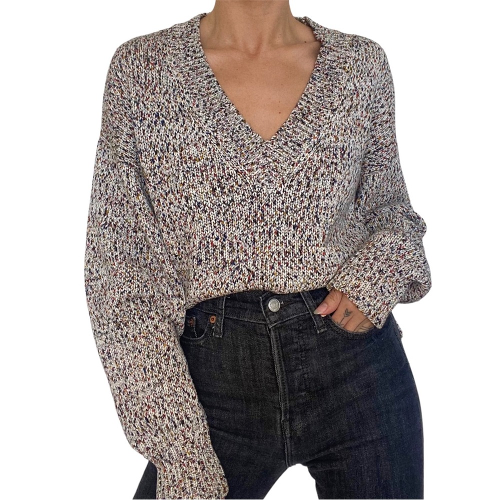 Jason Wu Cotton Multicolored V Neck Long Sleeve Hi Low Sweater